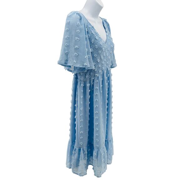 Jodifl Mini Dress M Baby Blue Smocked Swiss Dot Ruffle Hem Lined Flutter Sleeve - Picture 4 of 9